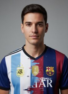 Messi mashup jersey close-up crest and gold details
