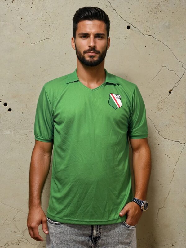 Green retro Legia Warszawa football jersey with vintage club crest, worn by male model